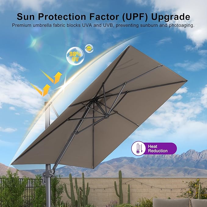 PURPLE LEAF 8 FT Cantilever Patio Umbrella Outdoor Aluminum Offset Square Umbrella with 3 Years Fade Resistance Recycled Fabric and 360-degree Rotation for Deck Pool Garden, Ash Mocha