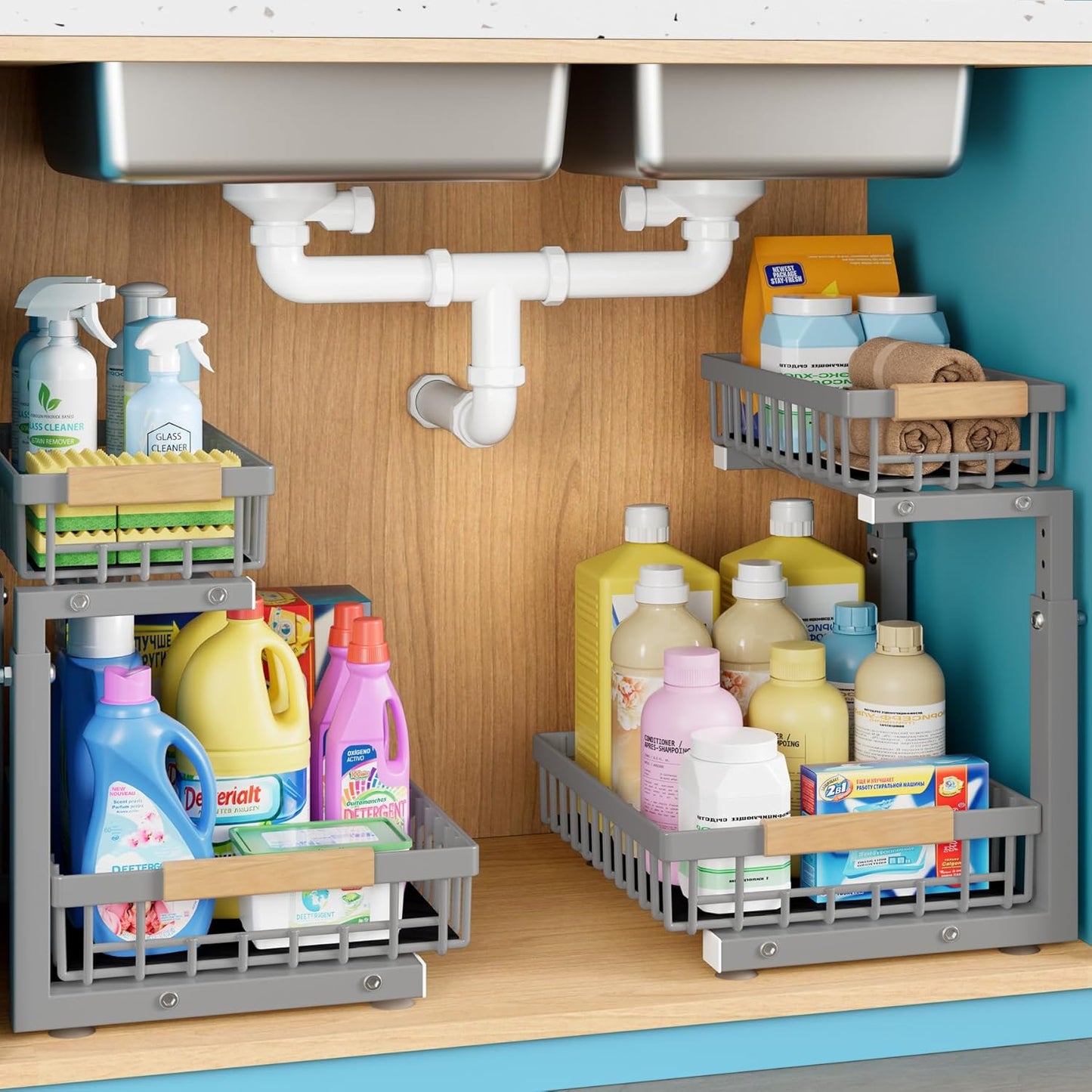 1 Packs 2 Tier Grey Under Sink Organizer,Under Sink Organizers and Storage, Slide Out Pull Out Cabinet Organizer Shelf, Metal Sliding Drawer for Kitchen Bathroom Cabinet Organization Rack