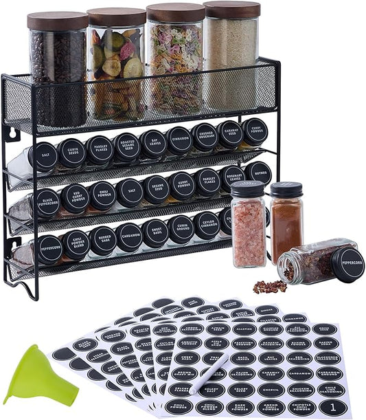 Spice Rack Organizer with 27 Spice Jars with Black Lids, Funnel, Spice Labels, Chalk Marker, Seasoning Organizer for Cabinet, Countertop, Pantry, Kitchen,Cupboard or Door & Wall Mount