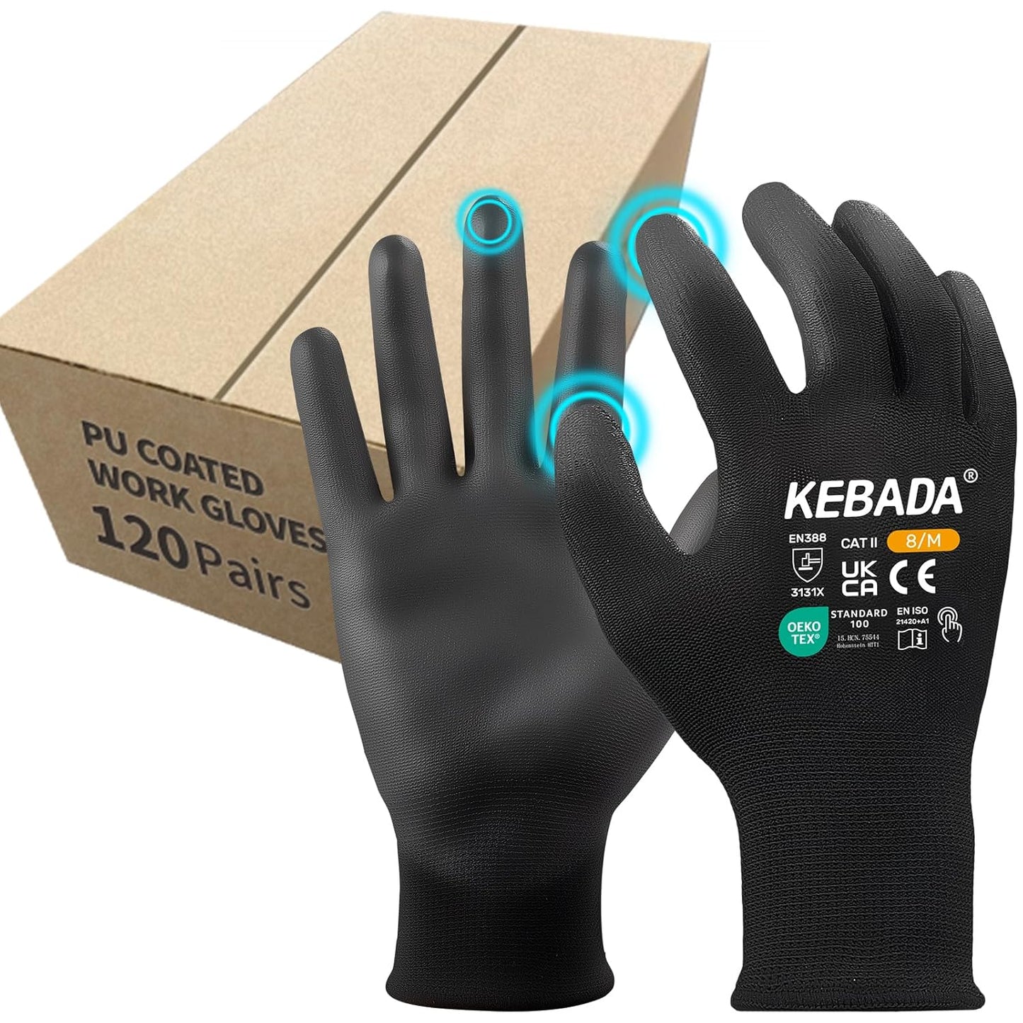 Kebada Safety Work Gloves,120 Pairs Bulk Pack, Touchscreen, PU Coated, Ideal for Warehouse, Construction, Gardening and Mechanics, Black, Medium