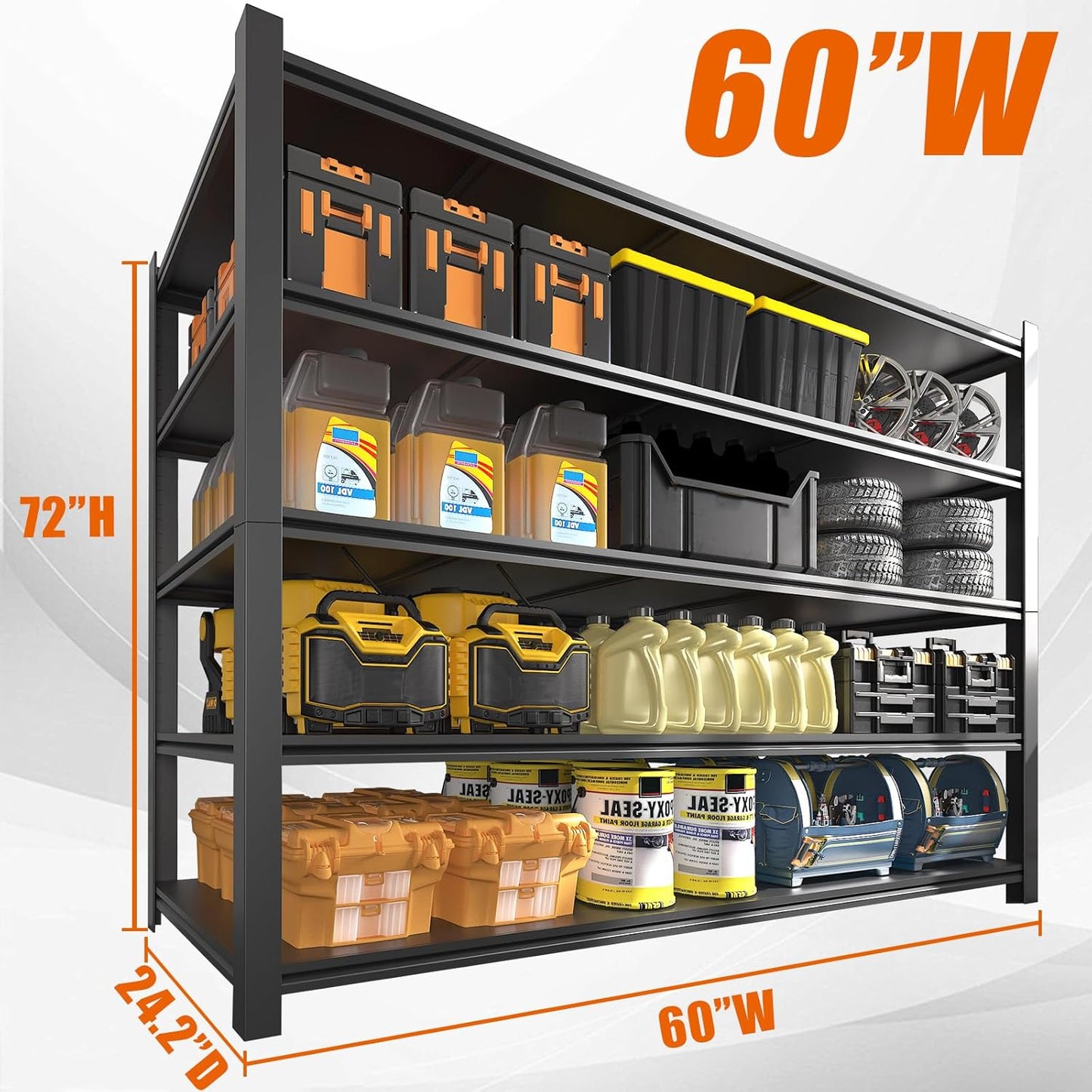 60"W Garage Shelving Heavy Duty Metal Shelving 3000LBS Storage Shelves Adjustable 5 Tier Metal Shelves for Storage Industrial Shelves for Garage, Warehouse, 24.2" D x 60'' W x 72'' H, 4 Packs