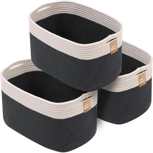 CHAT BLANC Cotton Rope Baskets for Organizing | Storage Baskets for Shelves | Rope Basket for Storage, Small Laundry Baskets, Woven Baskets for Storage, Dog Toy Bin, Baby Basket, White&Graphite 3 Pack