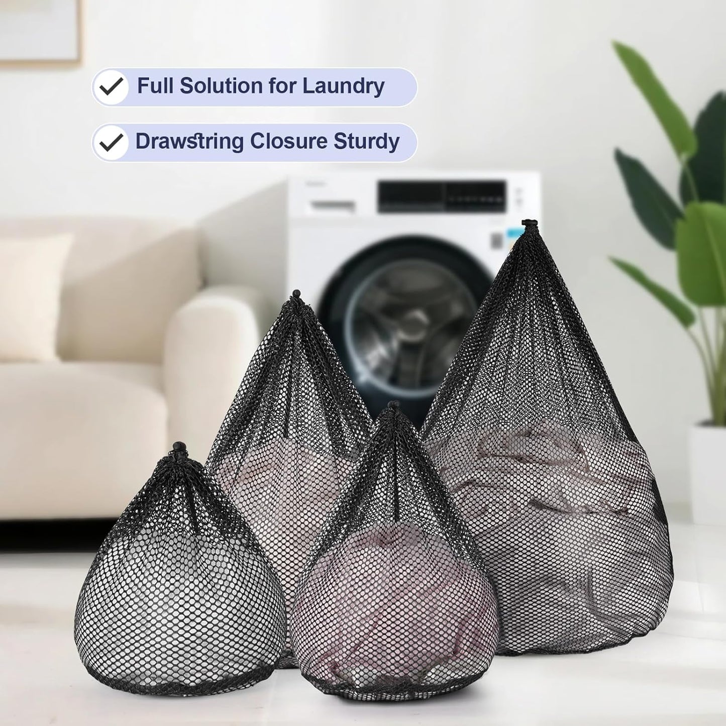 4Pcs Mesh Laundry Bags Washing Machine Mesh Wash Bags Jumbo for Delicates Clothes,Bed Linen,Toys with Drawstring Closure Sturdy (Black, Pack 4 Pcs)
