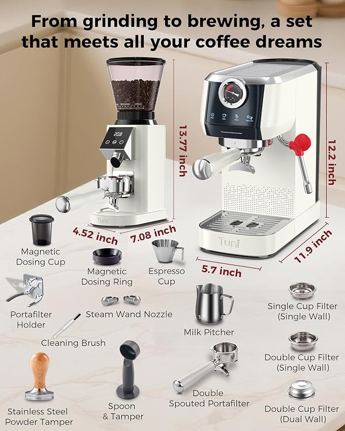 Tuni E2 𝑬𝒔𝒑𝒓𝒆𝒔𝒔𝒐 𝑴𝒂𝒄𝒉𝒊𝒏𝒆 with G1 𝑪𝒐𝒏𝒊𝒄𝒂𝒍 𝑪𝒐𝒇𝒇𝒆𝒆 𝑮𝒓𝒊𝒏𝒅𝒆𝒓 Combo Set, 20Bar 58mm Dual Boiler Coffee Maker, 48 Grinding Settings Burr Mill