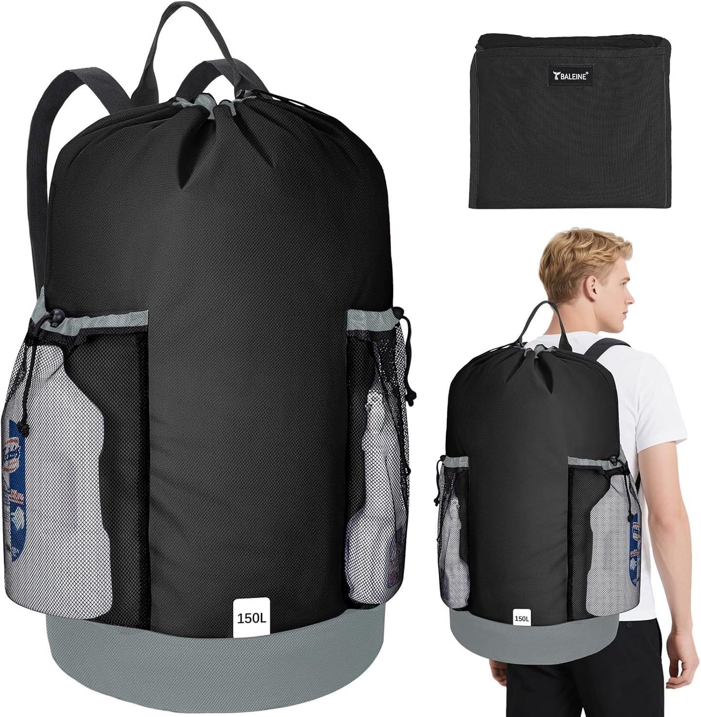 BALEINE 150L Laundry Bag Backpack, 900D Oxford Fabric Large Travel Laundry Bags with Shoulder Straps and 2 Mesh Pockets for College Dorm, Apartment, Laundromat (Black, 150L)