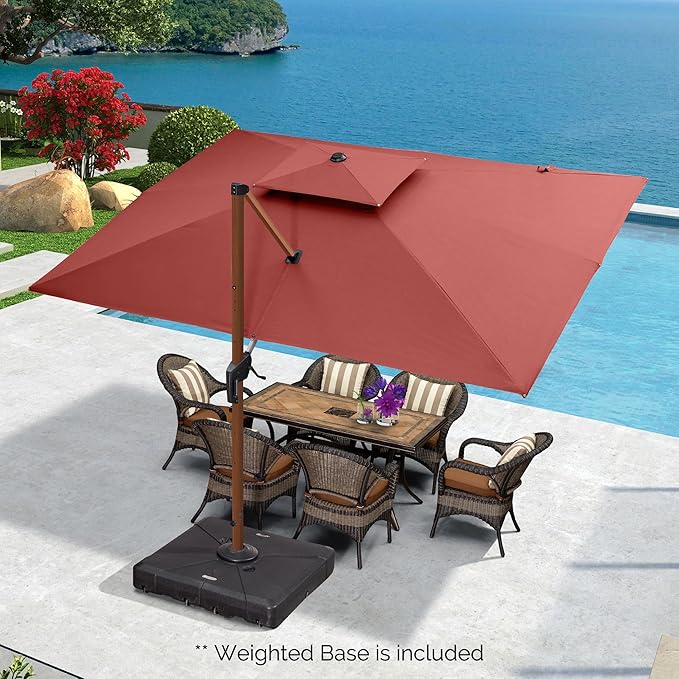 PURPLE LEAF 9' X 12' Double Top Deluxe Wood Pattern Rectangle Patio Umbrella with Base Offset Hanging Umbrella Outdoor Market Umbrella Garden Umbrella, Brick Red