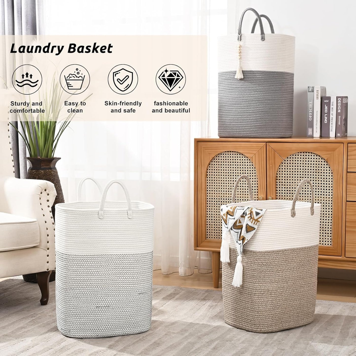 Woven Laundry Basket for Clothes, 65L Large Rectangle Laundry Hampers, Nursery Storage Basket for Toys, Tall Dirty Clothes Hamper for Bedroom Aesthetic, Bathroom, Laundry Room