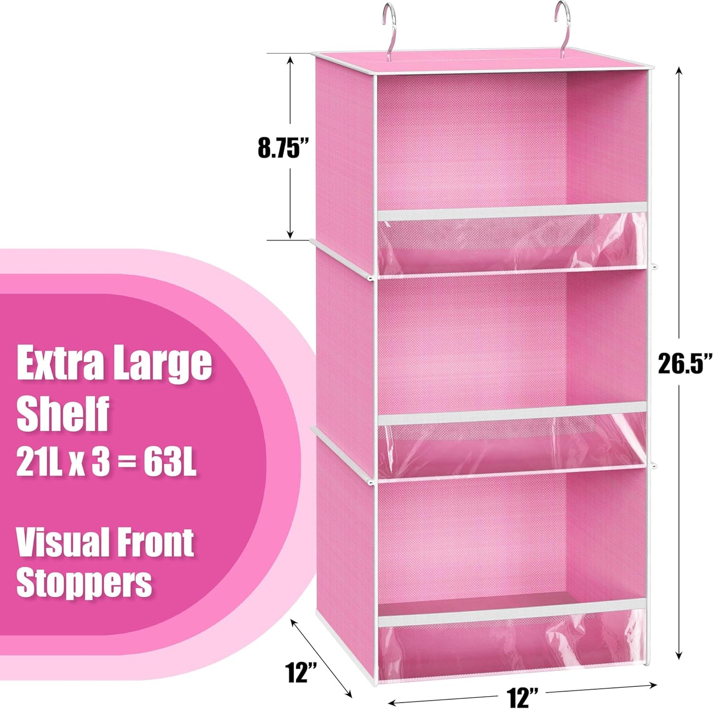Simple Houseware 3 Shelf Hanging Closet Organizer with Front Stopper, Pink