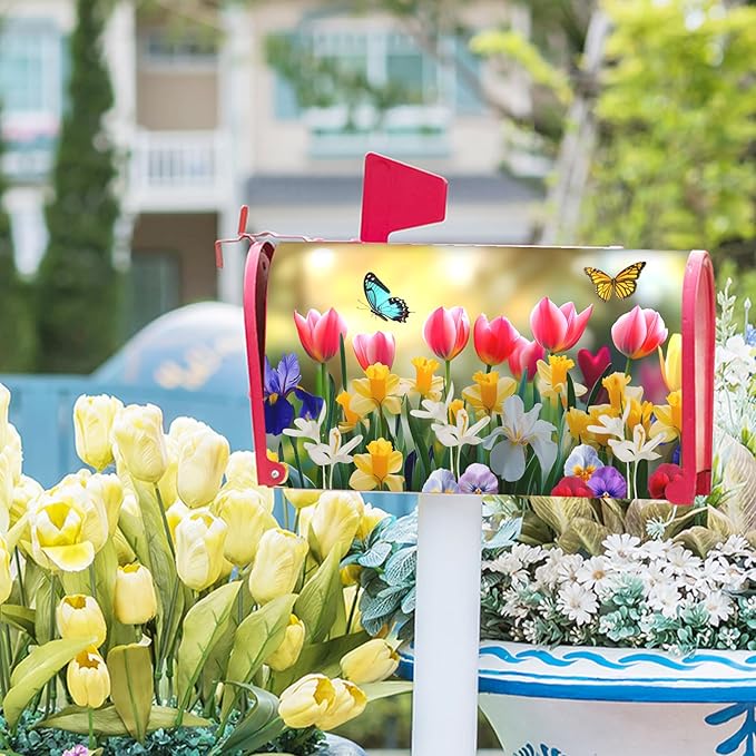 Spring Flowers Mailbox Covers Magnetic Standard Size 21’’x18’’ Floral Butterfly Letter Box Wrap Spring Summer Seasonal Waterproof Post Letter Box Wrap Decor for Home Outdoor Garden Yard