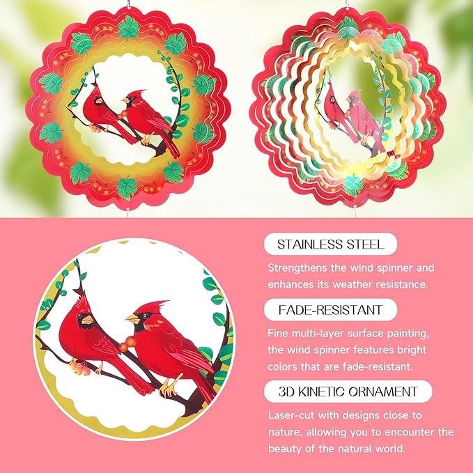 Cardinal Wind Spinners Gift for Women Men, 12 Inch Outdoor Metal 3D Wind Spinner Garden Yard Decor, Hanging Wind Catchers Stainless Steel Kinetic Sculpture for Outside Decoration