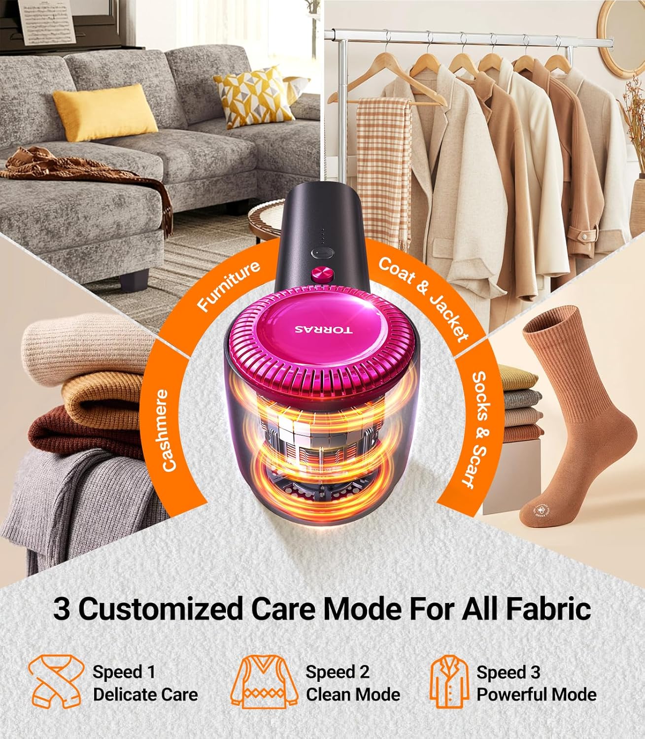 TORRAS Rechargeable Fabric Shaver Electric Lint Remover 3-Speed Remove Fuzz, Pilling for Cashmere, Wool, Clothes, Sweater, Coat, Furniture, Clothes depiller with Replacement Blades