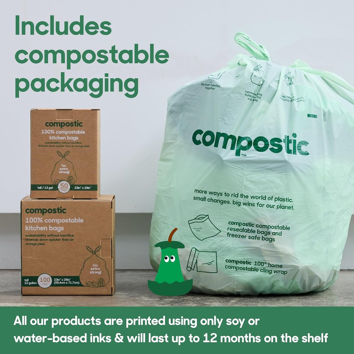 Compostic Home Compostable Trash Bags, 13 Gallon Tall Kitchen Rubbish Bags (23” x 29”), Extra Strong & Quickly Breaks Down, 50 Count