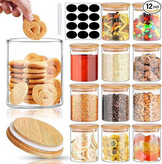 SLifeJars - Glass Jars with Bamboo Lids 16 oz, 12pcs Glass Food Storage Jars with Rewritable Labels, Bamboo Lid Jar for Kitchen Storage, Food Storage Containers with Lids for Herbs