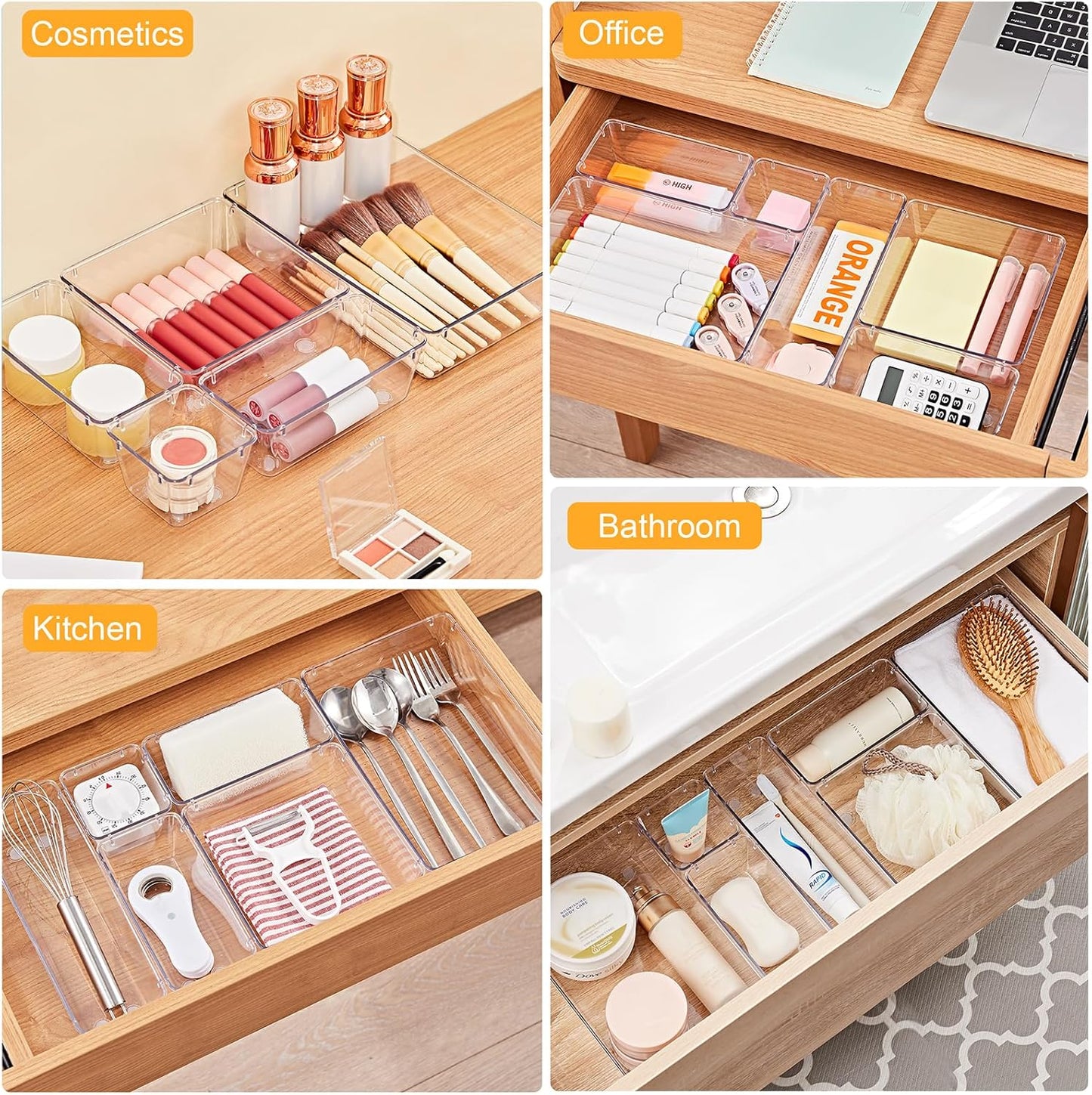 SMARTAKE 22-Piece Drawer Organizer with Non-Slip Silicone Pads, 5-Size Clear Desk Drawer Organizer Trays Storage Tray for Makeup, Jewelries, Utensils in Bedroom Dresser, Office and Kitchen, Clear