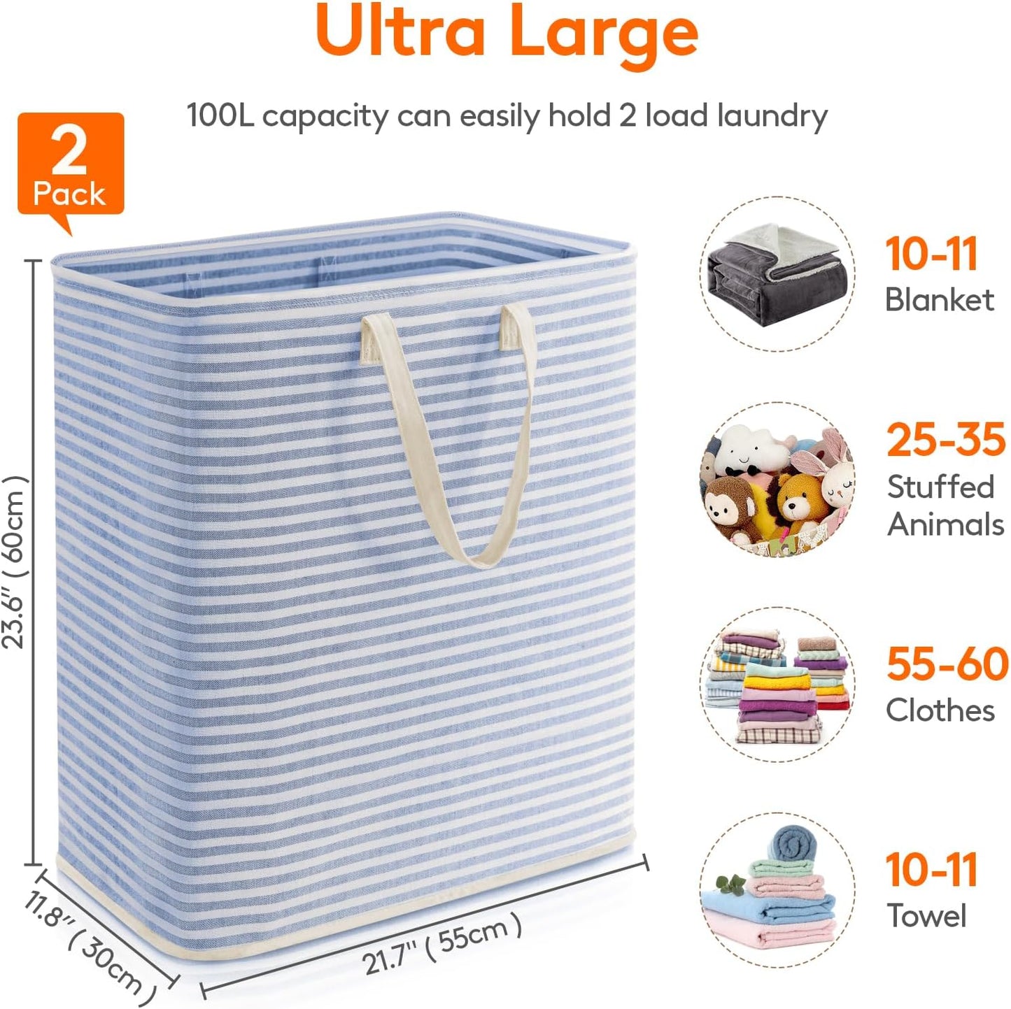 Lifewit 2 Pack Laundry Hamper Large Collapsible Laundry Baskets, Freestanding Waterproof Clothes Hamper with Easy Carry Handles in Laundry Room Bedroom Bathroom College Dorm for Adults, Blue, 2 x 100L