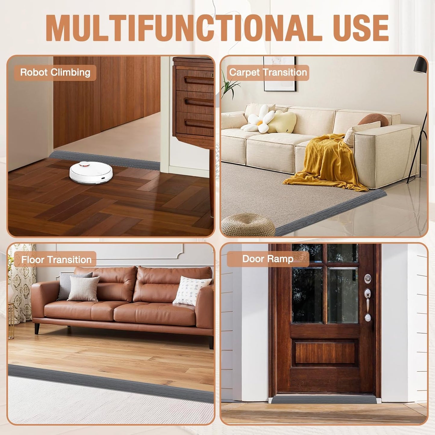 Floor Transition Strip Self Adhesive Vinyl Door Threshold for Doorways Carpet Edging Trim Overlap Edge Reducer for Laminate Floor, Carpet, Tile (Deep Gray Wood Grain, 3/5" to 4/5", 10Ft)