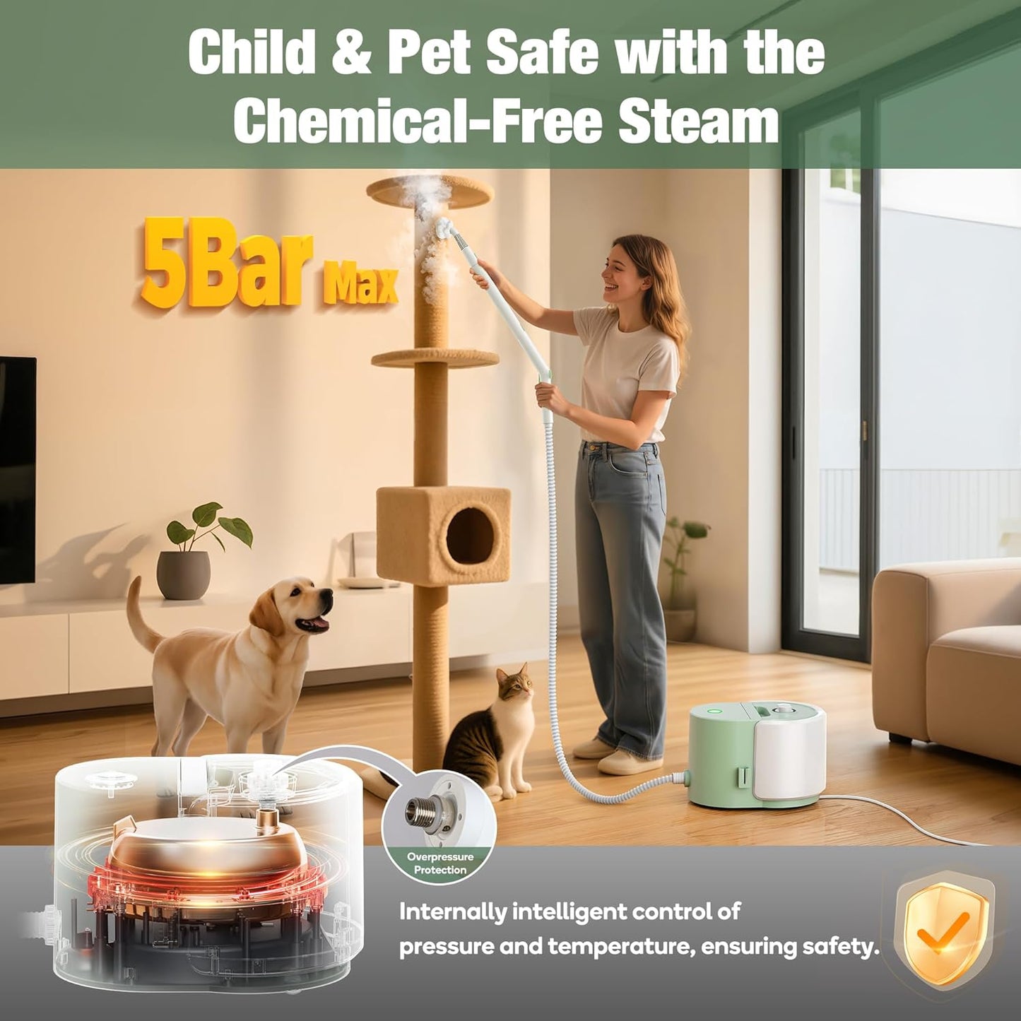 Newbealer Heavy-Duty Steam Cleaner for Home, Stainless Steel Boiler, Steam Mop with 25-Piece Accessories, Max 5 Bar, Multi-Purpose Steamer for Floors, Cars, Furniture, Tiles, and More