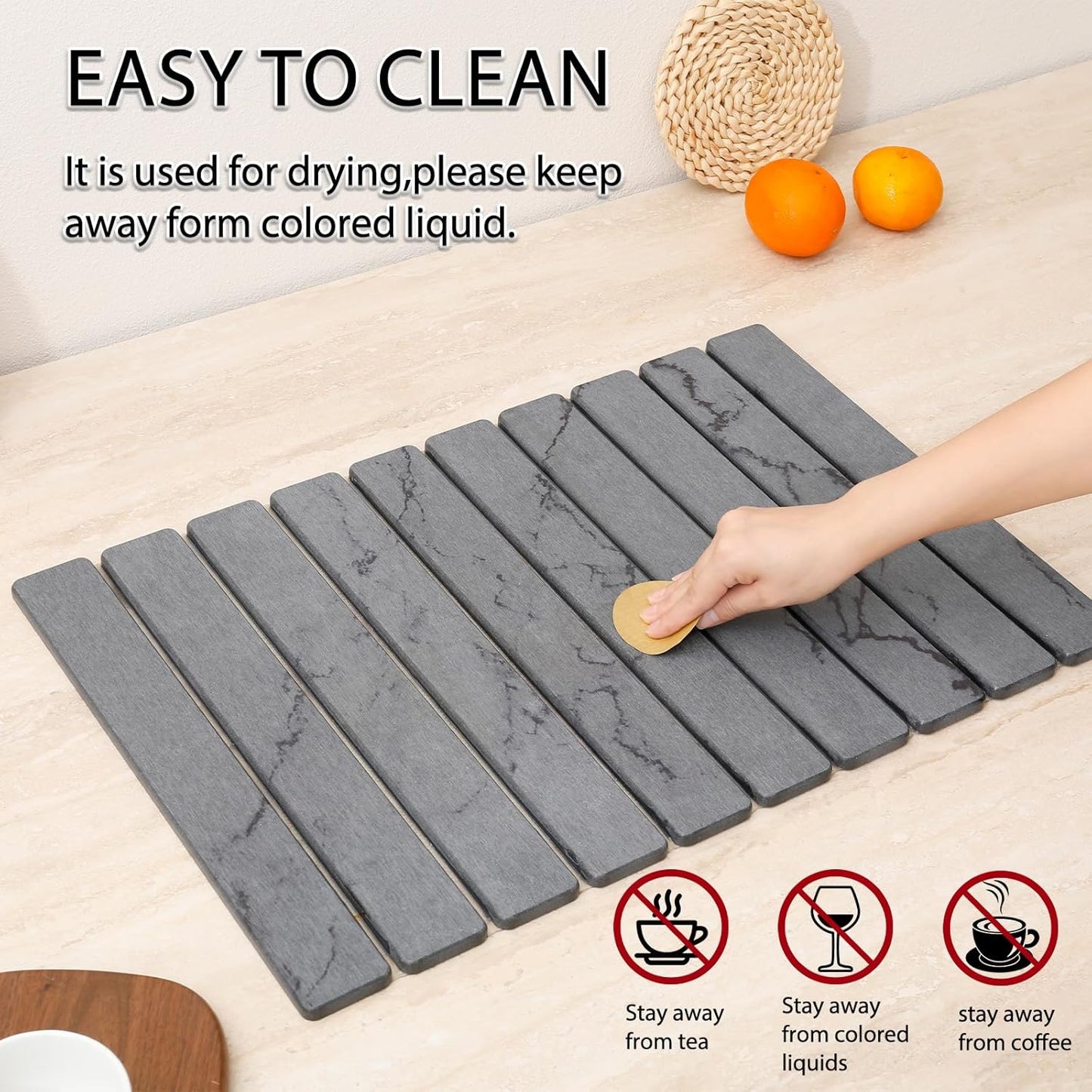Stone Drying Mat for Kitchen Counter 24"×16" ,Large Dish Drying Mat with Drainage Grooves, Non-Slip Silicone Drying Mat, Absorbent Counter Protector for Dishes, Utensils