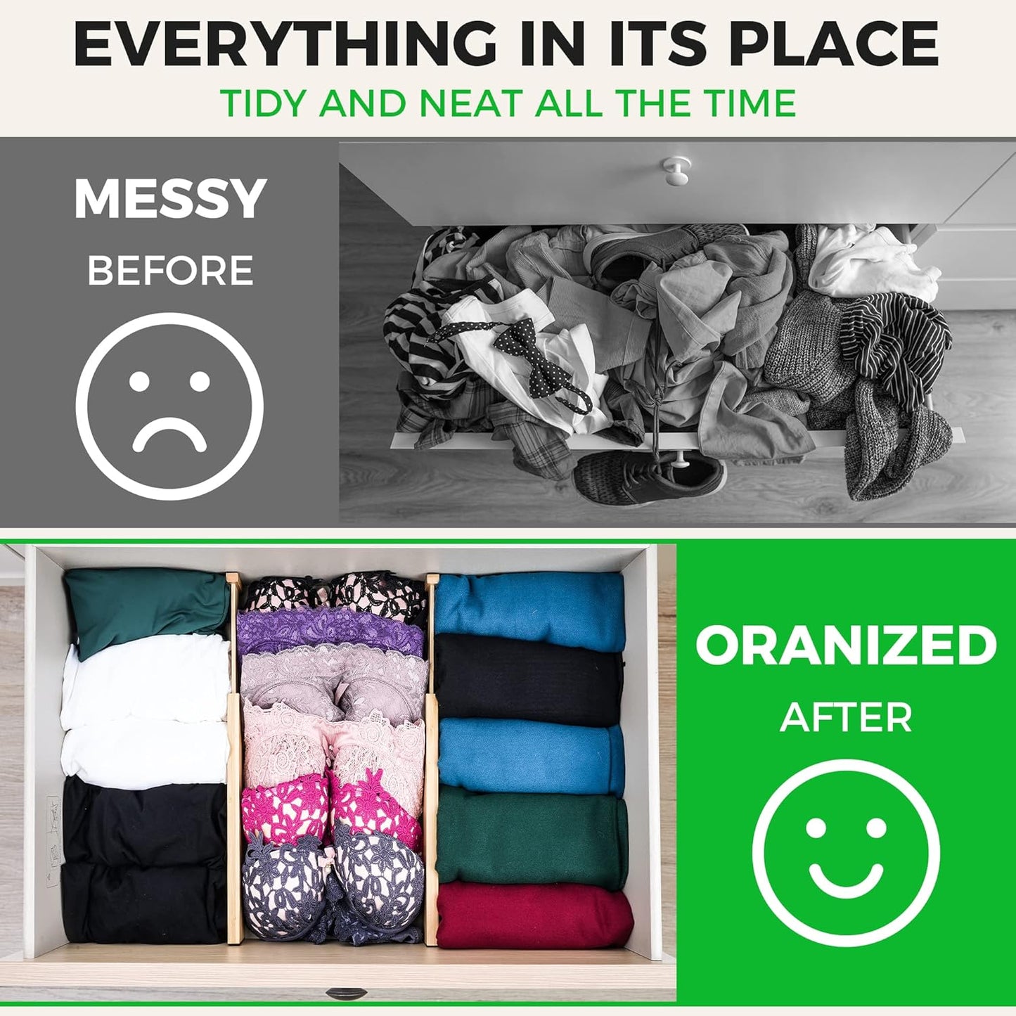 Bamboo Drawer Dividers Organizer with Inserts, Expandable from 12.5-21.7", Adjustable Drawer Organizer Separators for Utensils, Dresser, Bedroom, Bathroom, Closet, Clothing, Office (Beige)