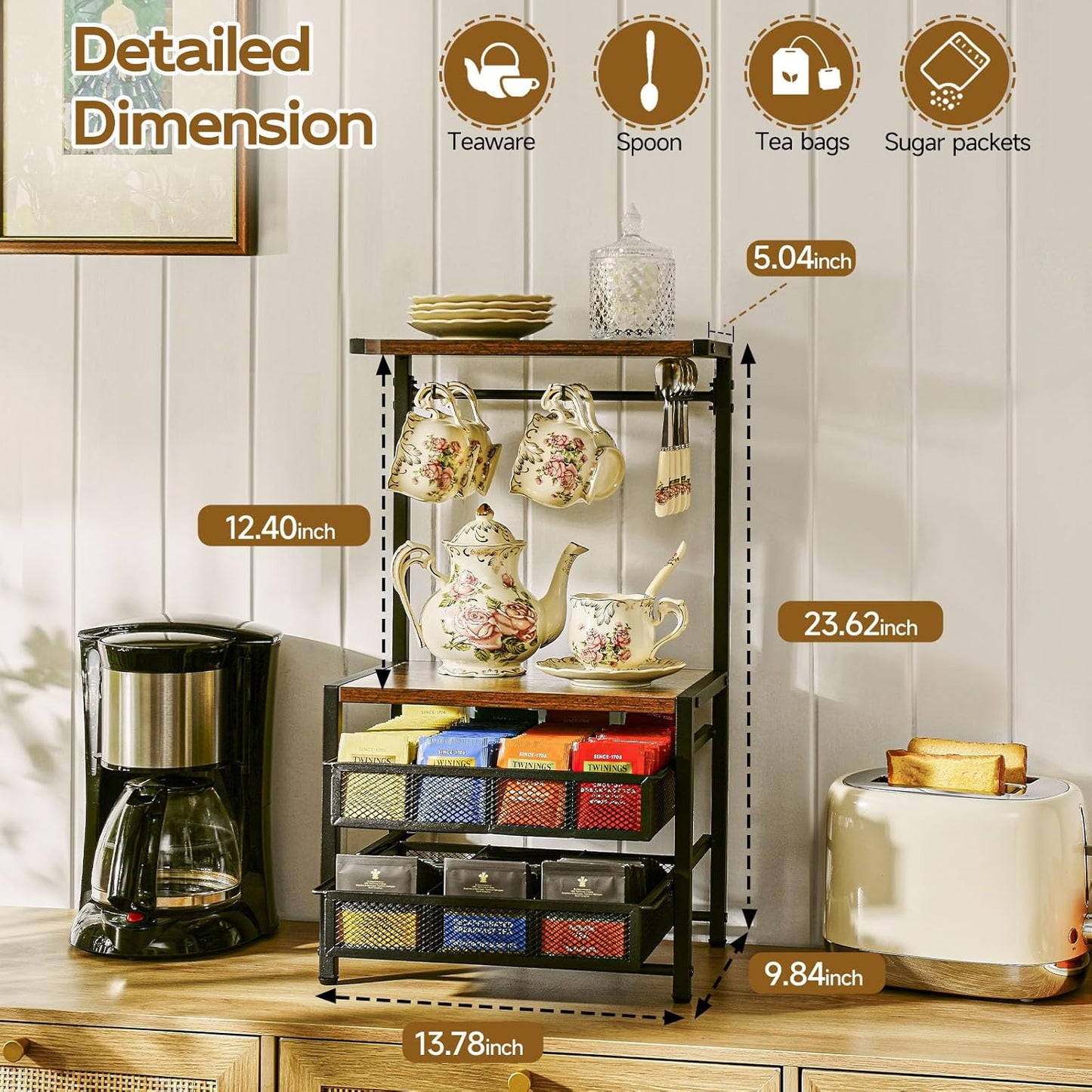 Pinzoveco Tea Bag Organizer, Large Tea Organizers and Storage Box,2 Drawers Tea Bags Holder Wood Tea Box Containers Tea Station Chest Display for Kitchen Organizers and Storage, Black