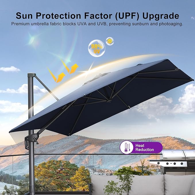PURPLE LEAF 8 FT Cantilever Patio Umbrella Outdoor Aluminum Offset Square Umbrella with 3 Years Fade Resistance Recycled Fabric and 360-degree Rotation for Deck Pool Garden, Ocean Slate