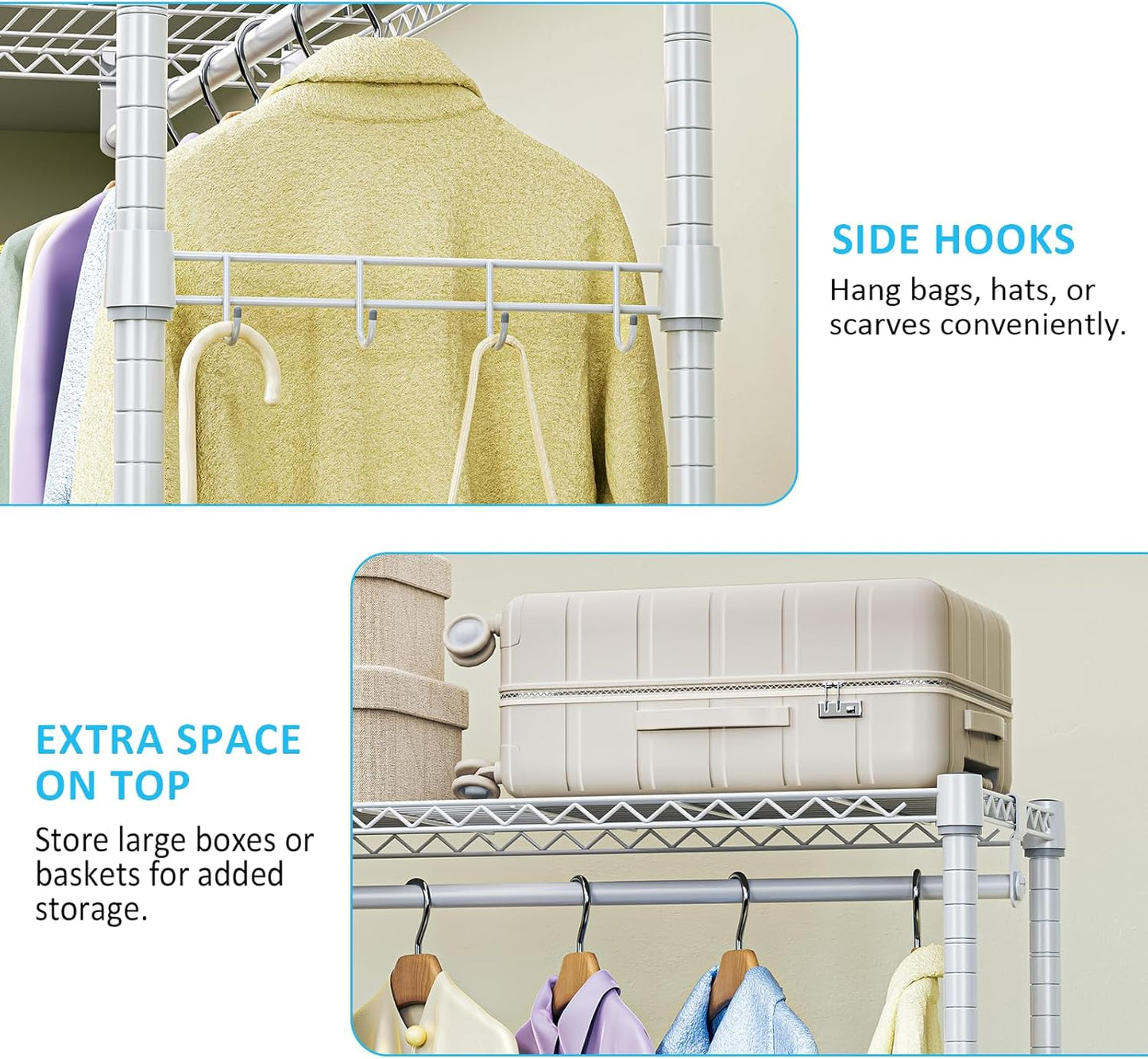 IZEUK Heavy Duty Rolling Garment Rack with 3 Adjustable Wire Shelves, Hanging Rod & Side Hooks - Mobile Clothes Rack with Wheels, 29.5" W x 15.7" D x 75" H, White