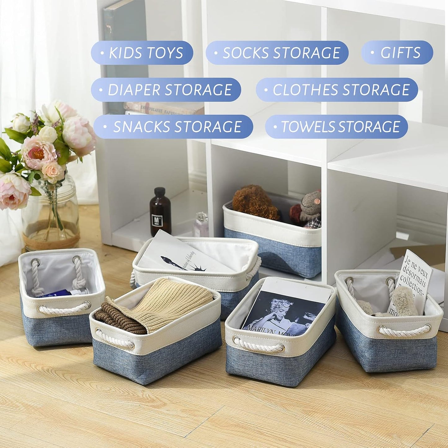 TcaFmac Storage Basket for Shelves - Small 6 Pack Fabric Storage Bins for Organizing, Collapsible Storage Cubes with Handle for Closet Cloth Toy Decorative Gift (White & Blue11.8 x 7.8 x 5.2 inch)