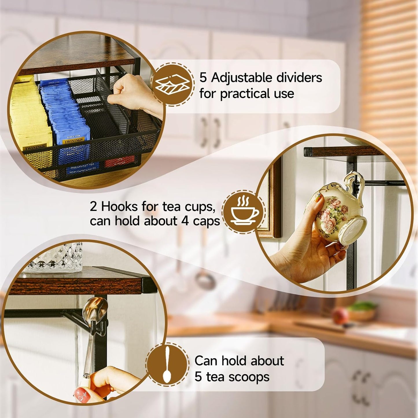 Pinzoveco Tea Bag Organizer, Large Tea Organizers and Storage Box,2 Drawers Tea Bags Holder Wood Tea Box Containers Tea Station Chest Display for Kitchen Organizers and Storage, Black