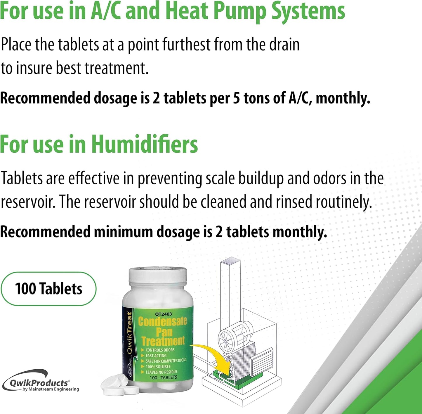 QwikTreat Condensate Pan Treatment Tablets, AC Drip Pan Tablets Air Conditioner Drain Line Cleaner, Control Odors, Overflow and Water Damage, 100 Tablets