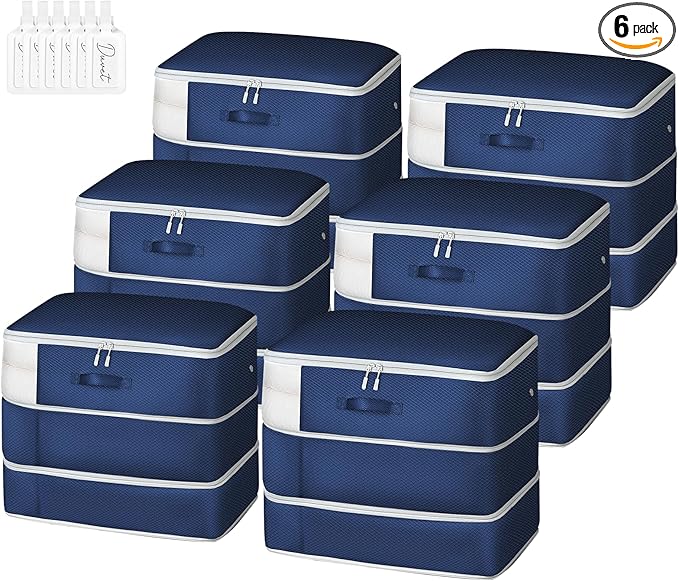 Comforter Storage Bag - Large Capacity Blanket Storage Bags 3-Layer Ultra Space Saving Self Compression Organizer, Washable Compression Bags for Storage Comforter Blanket, 6-Pack, Navy Blue