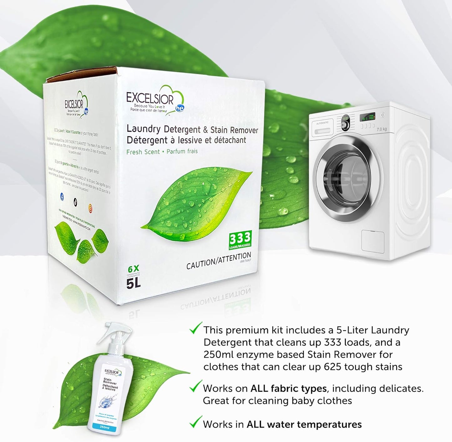 Excelsior (Because You Love It) HE Concentrated Liquid Laundry Detergent with Stain Remover, Removes 333 Loads for Cleaning Clothes, Phosphate-Free, Solvent-Free, Fresh Scent, 5L (1 Pack - New Look)…