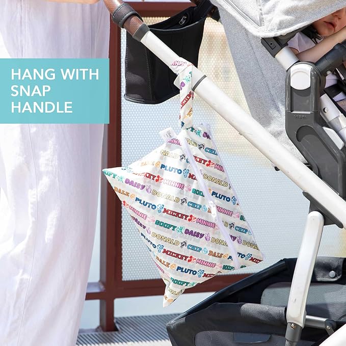 Bumkins Disney Waterproof Wet Dry Clutch Bag for Baby, Travel, Swim Suit, Diapers, Pump Parts, Pool, Gym Clothes, Toiletry, Hook to Stroller, Daycare, Packing Pouch, Zip Bag, Mickey and Friends White