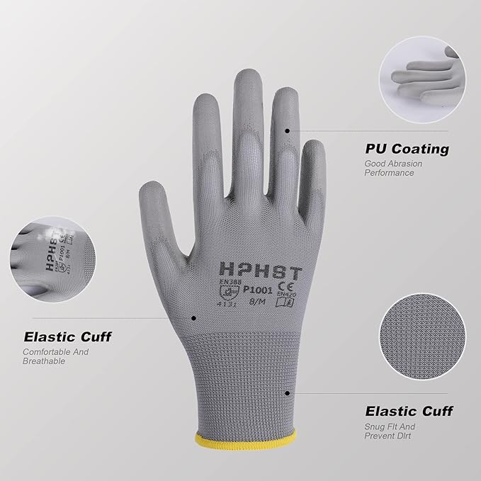 PU Coated Safety Work Gloves, 12 Pairs Work Gloves Mechanic Working Seamless Knit Glove with Polyurethane Coated Smooth