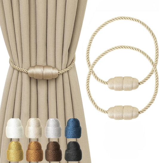 Magnetic Curtain Tiebacks - Rope Tiebacks for Curtains & Drapes, Decorative Window Holdbacks (2 Pack, Beige)