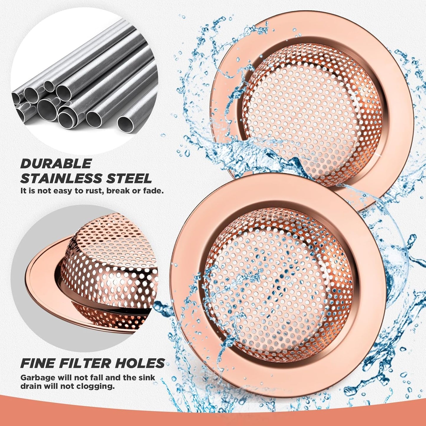 Retisee 2 Pcs Sink Strainer Stainless Steel Kitchen Sink Drain Strainer Basket Cover Mesh Hair Food Catcher, Large Wide Rim of 4.4 Diameter(Rose Gold)