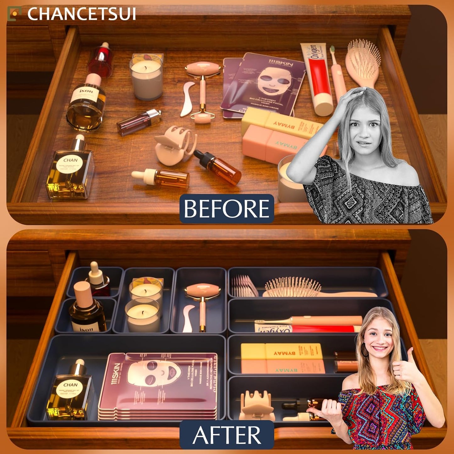 9 Pcs Stackable Drawer Organizer Trays Set, Multifunctional Stackable Storage Trays for Vanity, Bathroom, Kitchen, Desk Drawer Organizer Office. Plastic Drawer Organizers Available In 5 Colours, Blue