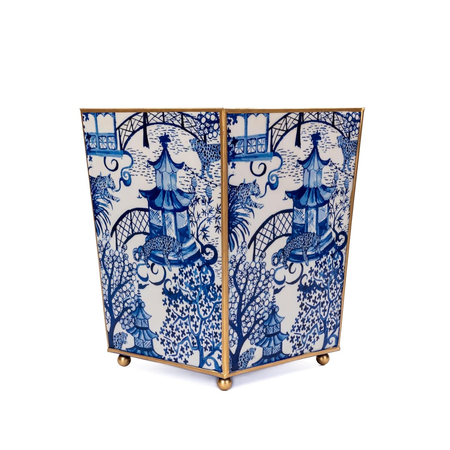 Jaye’s Studio Garden Party Decorative Gold Waste Basket for Bathroom Trash Can no Lid, Bedroom Garbage Can Square Office Trash Bin, Vanity Enamel White & Blue Bathroom Trash Can Gold Feet, 9 inch Wide