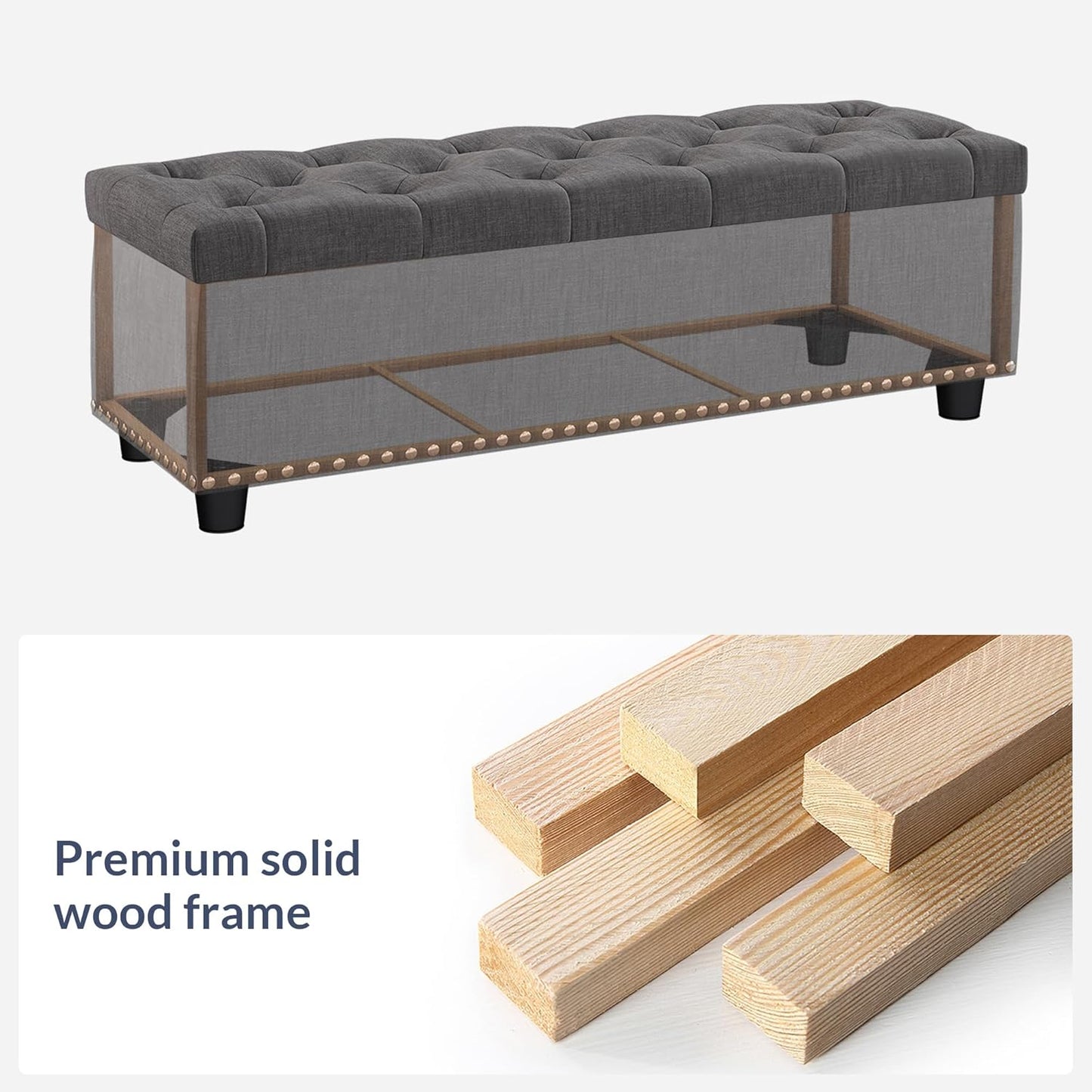 BELLEZE 47" Storage Ottoman, Storage Bench with Safety Close Hinge, Linen Button-Tufted Ottoman for Living Room, Entryway, Hallway, Foot Rest, Support 300lbs - Dark Gray