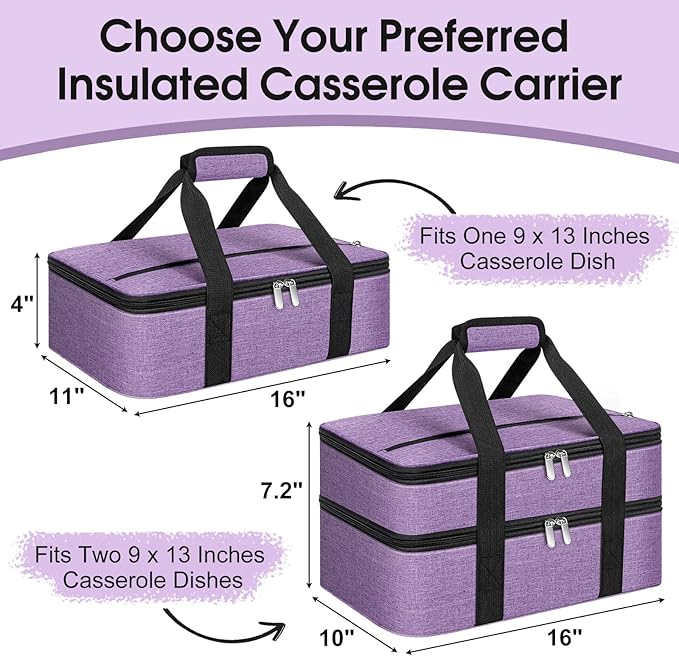 Double Insulated Casserole Carrier, Portable Casserole Carrier for Hot or Cold Food Lunch Tote Warmer or Cooler Bag, Lasagna Lunch Bag for Potluck Parties- Fits 9" x 13" Baking Dish-Purple
