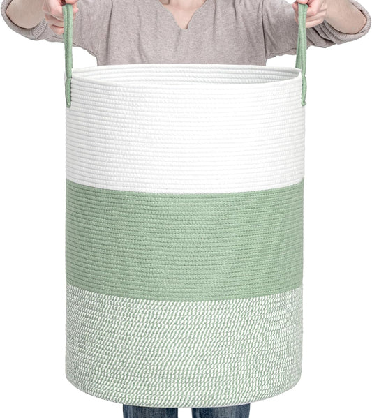 CLHMILY&Z 100L Laundry Basket Round Storage Rope Basket - 18.1x24 Inches - Green Hamper in Bedreoom and Cute Storage Bin for Blankets, Toys, and Nursery Essentials