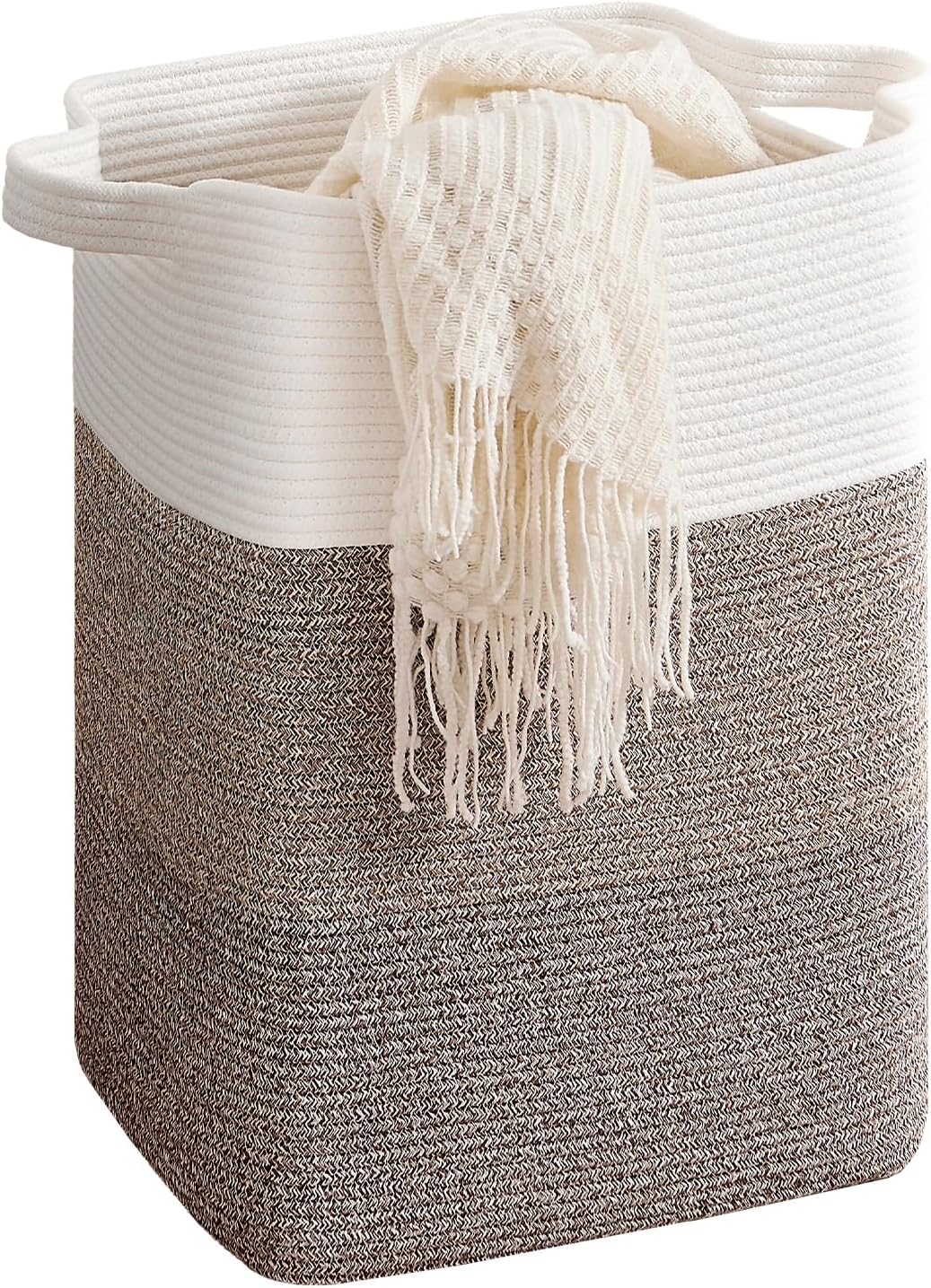 CLHMILY&Z 75L Laundry Hamper Rectangular Cotton Rope Basket - 16x13x22 Inches - Durable and Soft Storage Bin for Clothes, Toys, and Nursery Essentials, Brown & White