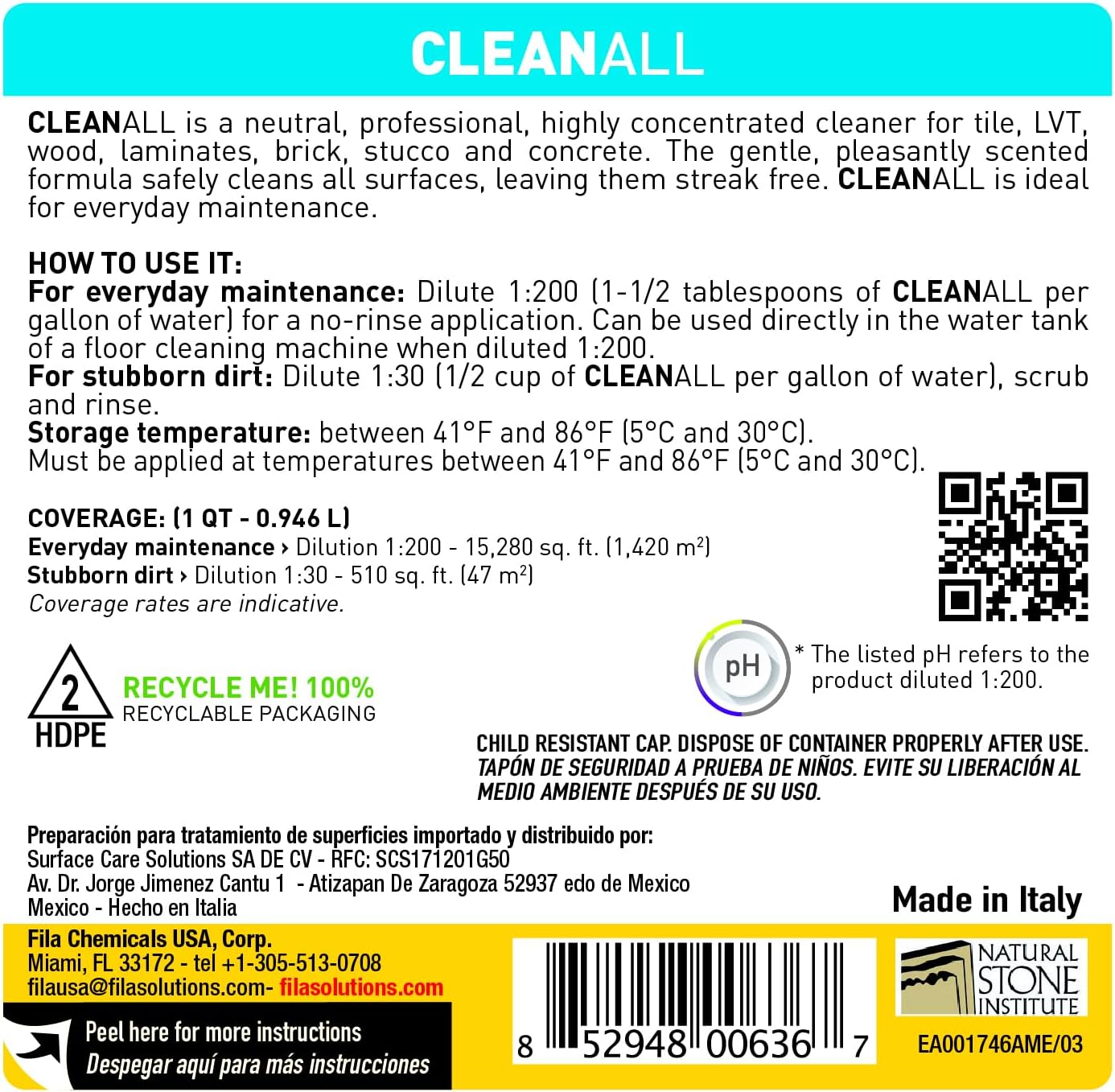 FILA Surface Care Solutions, CLEANALL, Neutral All Purpose Cleaner, Highly Concentrated - Up to 40 Washes, 1 QT