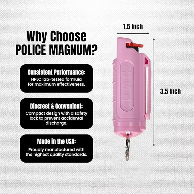 Police Magnum Keychain Pepper Spray Self Defense Belt Clip Holder - 3 Pack Tactical Maximum Strength OC with Dye - Small Safety Key Chains for Women & Men - Made in The USA