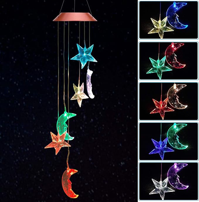Color Changing Star Moon Solar Wind Chimes Lights Gift Portable Hanging Waterproof Mobile Romantic Wind Bell Outdoor LED Solar Stars Moon Light for Mom Gift Festival Home Patio Yard Garden Decoration
