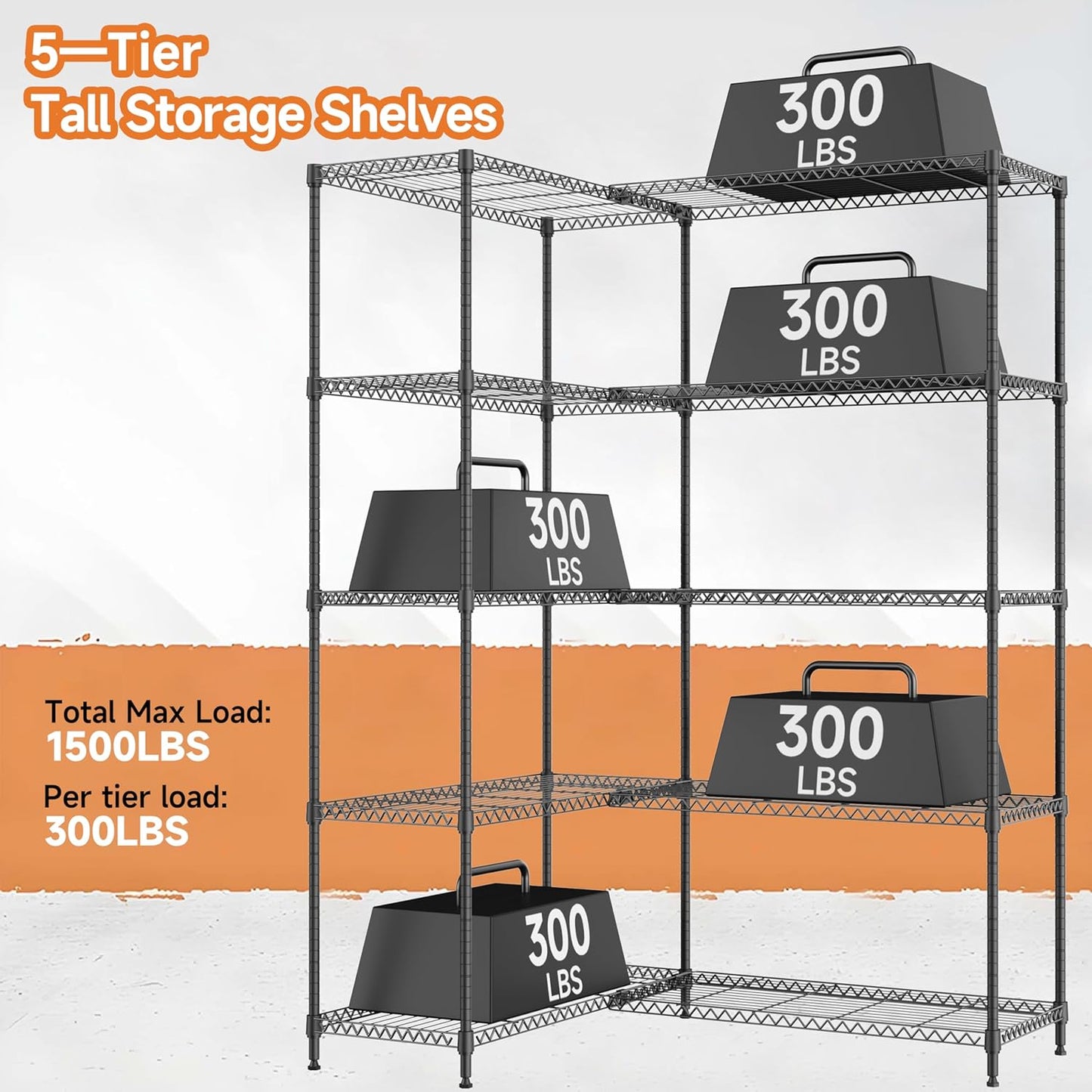 5 Tiers Storage Shelves Load 1500LBS, Metal Shelving Wire Metal Shelving Unit Shelves for Storage Adjustable Garage Shelving for Pantry Kitchen Garage Black 15.8" D x 33.5" W x 70.5" H