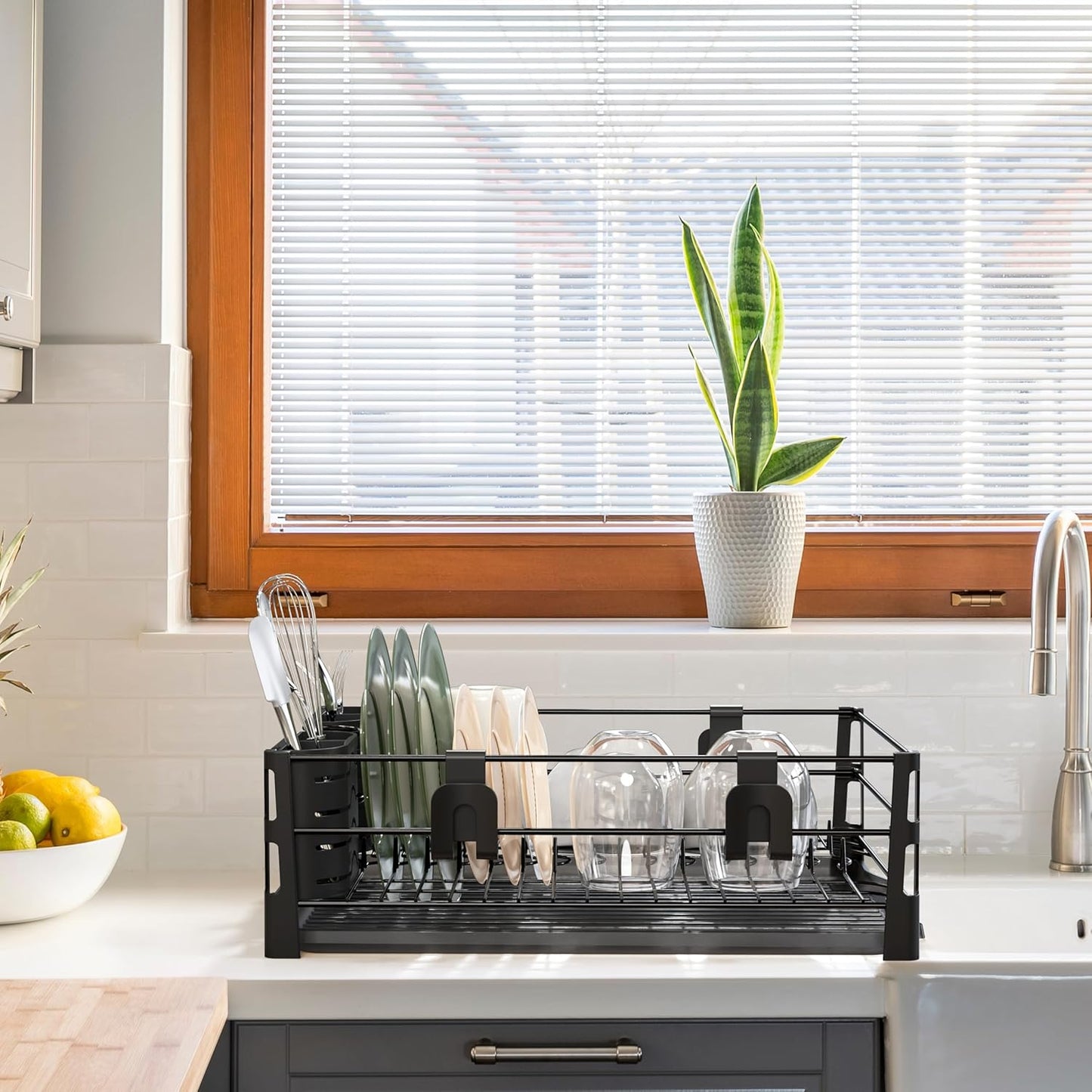 SIMPLE HOUSEWARE Dish Drying Rack with Drainboard, Utensil Holder & Mug Hooks, Black Metal Kitchen Counter Organizer