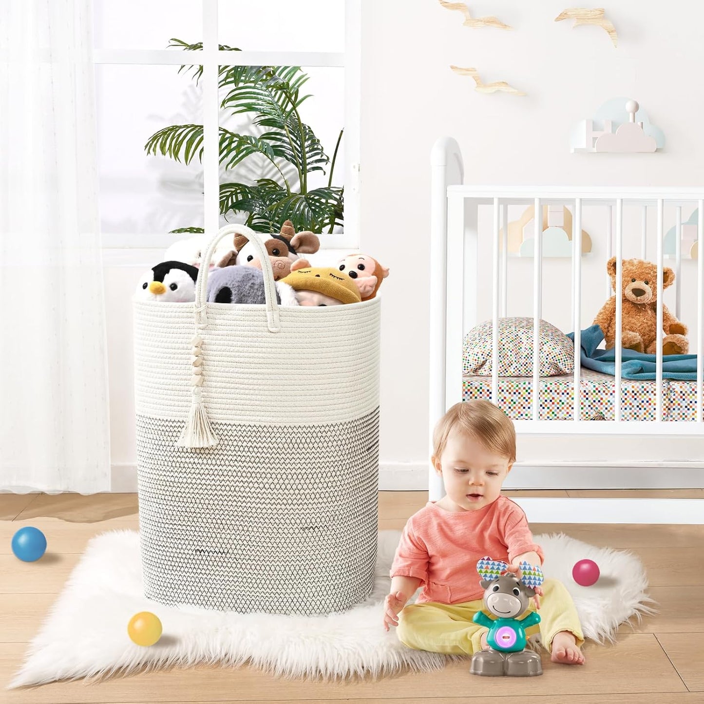 Woven Laundry Basket for Clothes, 50 L Large Rectangle Laundry Hampers with Beads Tassel, Nursery Storage Basket for Toys, Tall Dirty Clothes Hamper for Bedroom Aesthetic, Laundry Room Organization