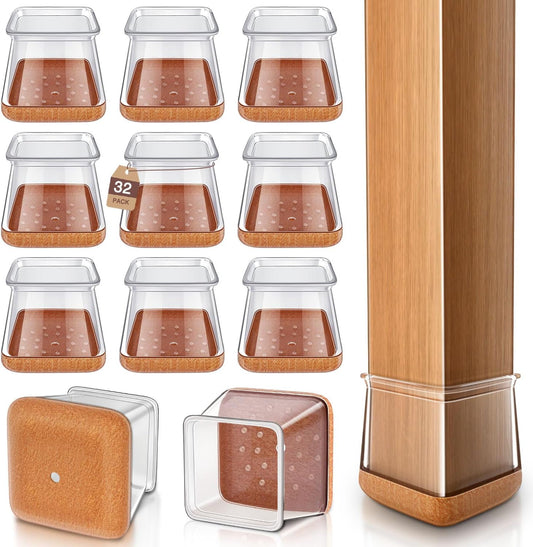 Chair Leg Floor Protectors Square Chair Leg Protectors for Hardwood Floors Silicone Caps Felt Strengthen Bottom Protection Anti-Scratch Reduce Noise 32 Pack Clear Square Fit:1-1/8" to 1-9/16"(27-40mm)