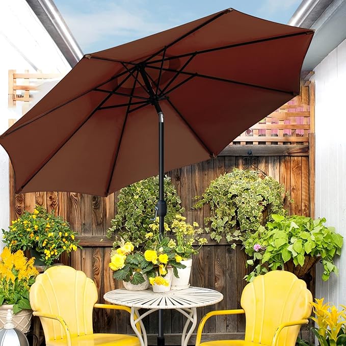 Sunnyglade 9' Patio Umbrella Outdoor Table Umbrella with 8 Sturdy Ribs（Brown）