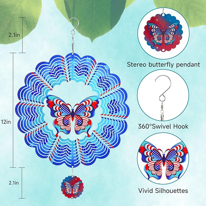 Butterfly Wind Spinners Garden Yard Decor Gift for Women Men, 12 Inch Outdoor Metal 3D Wind Spinner, July 4th American Flag Patriotic Wind Spinner Stainless Steel Hanging Outside Decoration